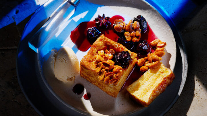 Hong Kong French toast with smoked cinnamon ice-cream and spiced cherry sauce