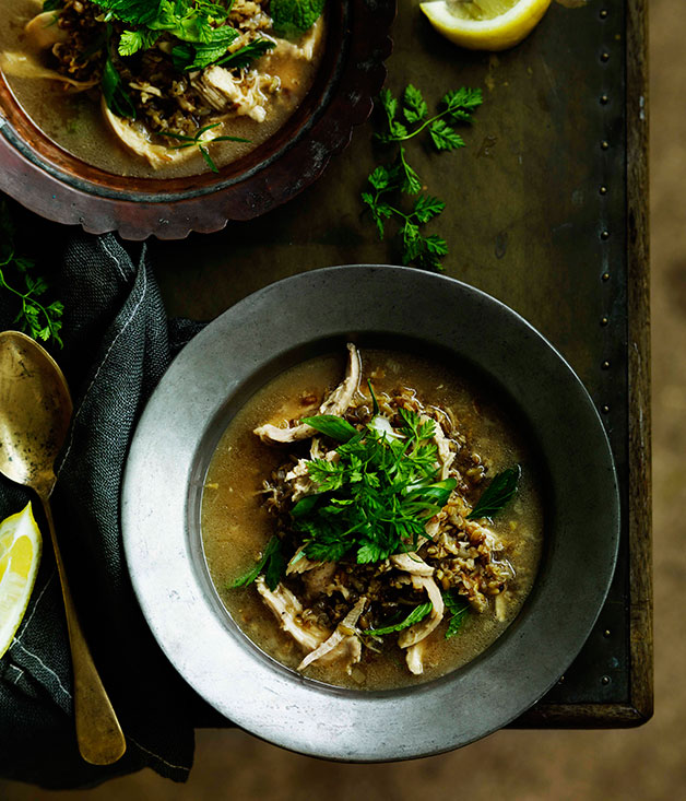 Arabian freekah soup with chicken, yoghurt and herbs