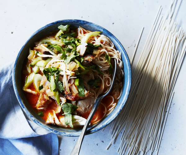 Spicy roast chicken noodle soup