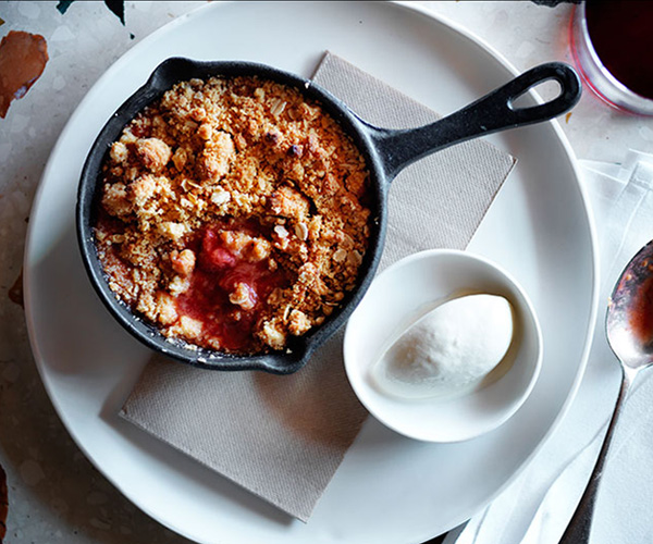 Rhubarb, strawberry and pink peppercorn crumble with chamomile ice ...