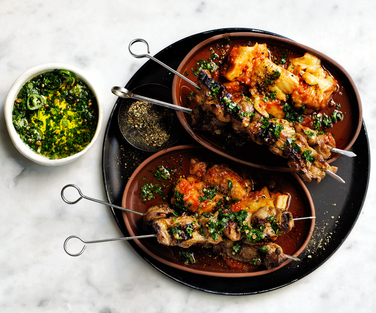 Warm eggplant zaalouk with spiced lamb skewers