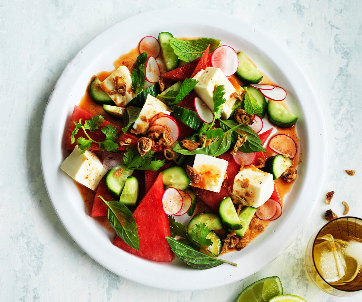 Tofu, watermelon and radish salad with nahm jim